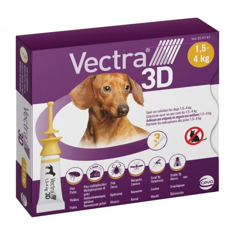 VECTRA 3D*spot-on soluz 3 pipette 0,8 ml 44 mg + 3,9 mg + 317 mg cani da 1,5 a 4 Kg, tappo giallo