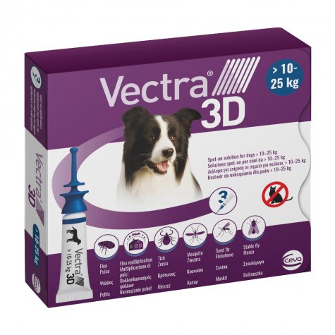 VECTRA 3D*spot-on soluz 3 pipette 3,6 ml 196 mg + 17,4 mg +1.429 mg cani da 10 a 25 Kg, tappo applicatore blu