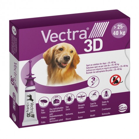 VECTRA 3D*spot-on soluz 3 pipette 4,7 ml 256 mg + 22,7 mg +1.865 mg cani da 25 a 40 Kg, tappo viola